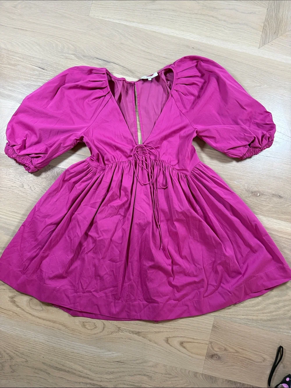 L'Academie Magenta Pink Puff Sleeve Drawstring Babydoll Mini Dress Small Revolve